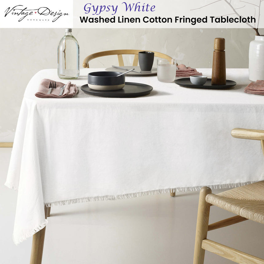 Vintage Design Homewares Gypsy White Fringed Washed Linen Cotton Tablecloth 130cm x 180cm