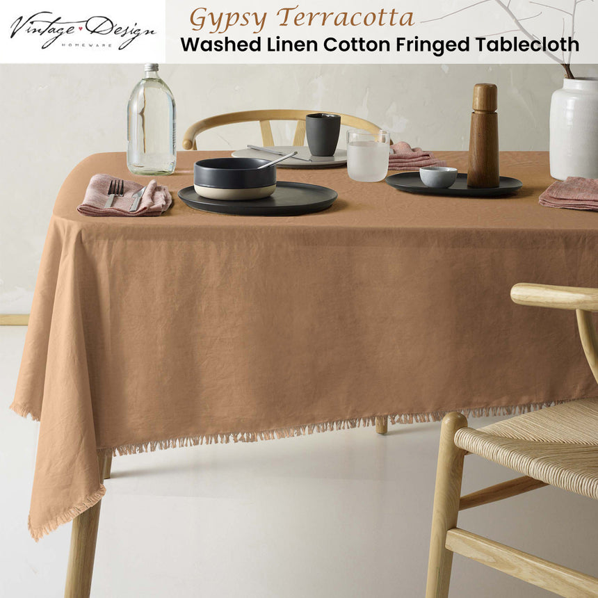 Vintage Design Homewares Gypsy Terracotta Fringed Washed Linen Cotton Tablecloth 150cm x 275cm