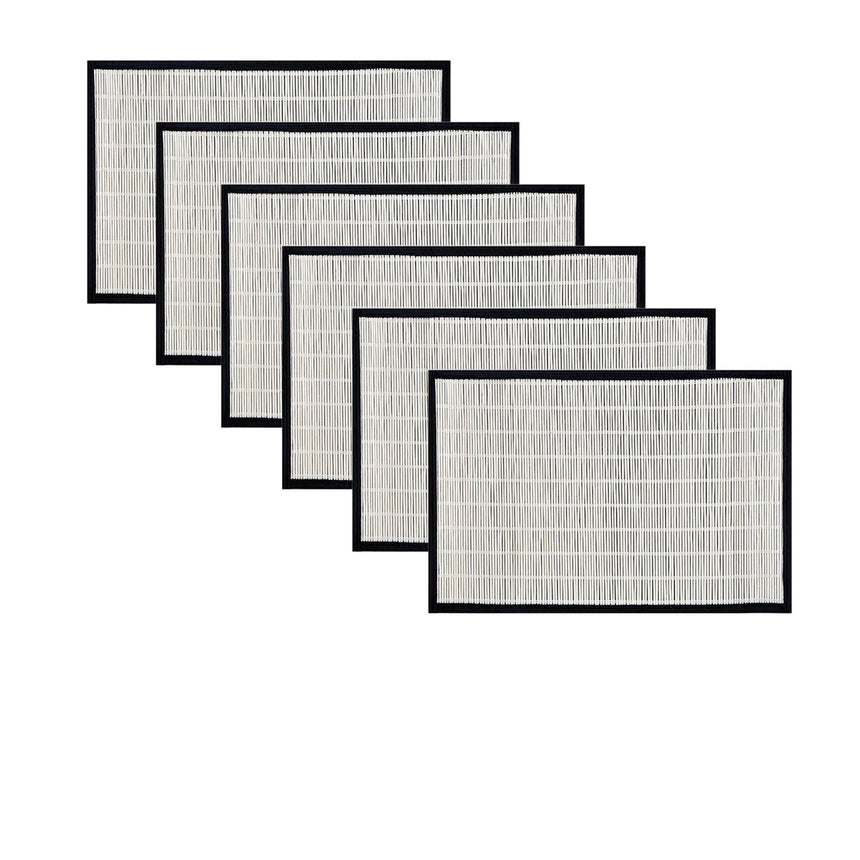 Set of 6 Bamboo Table Placemats White with Black Border 30 x 45cm