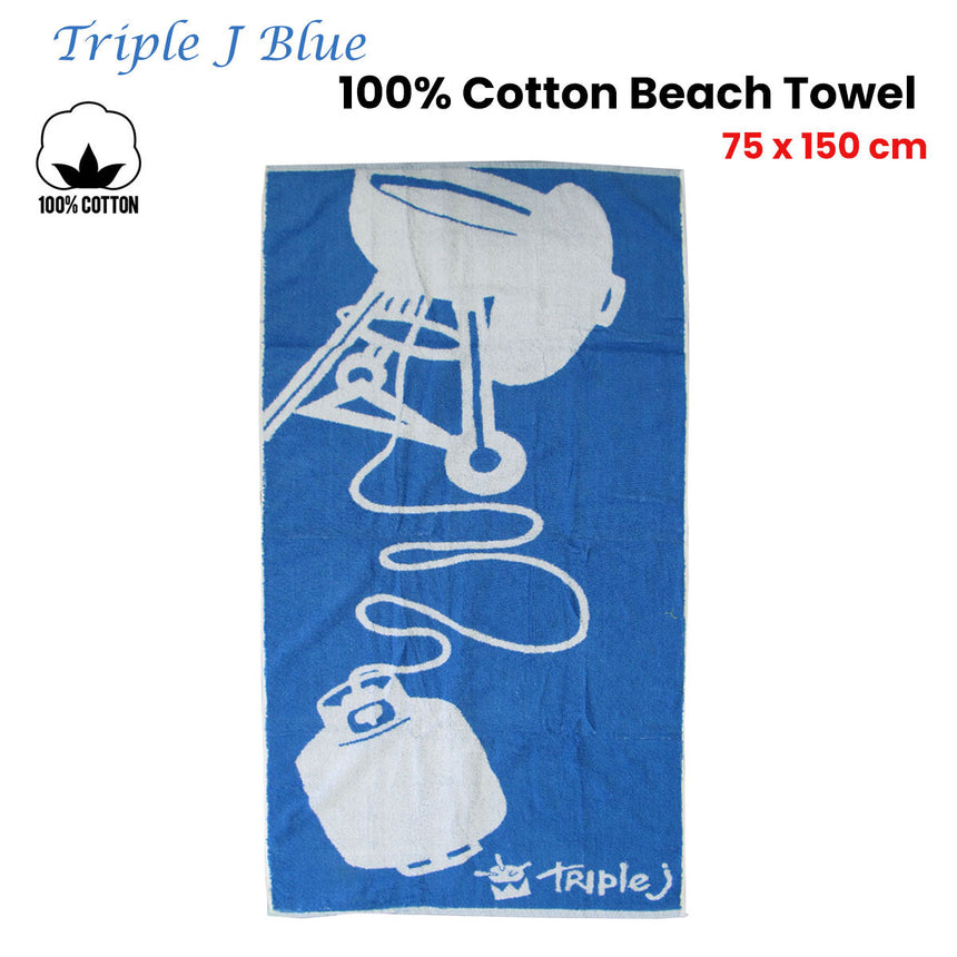 Triple J Blue 100% Cotton Beach Towel 75 x 150 cm