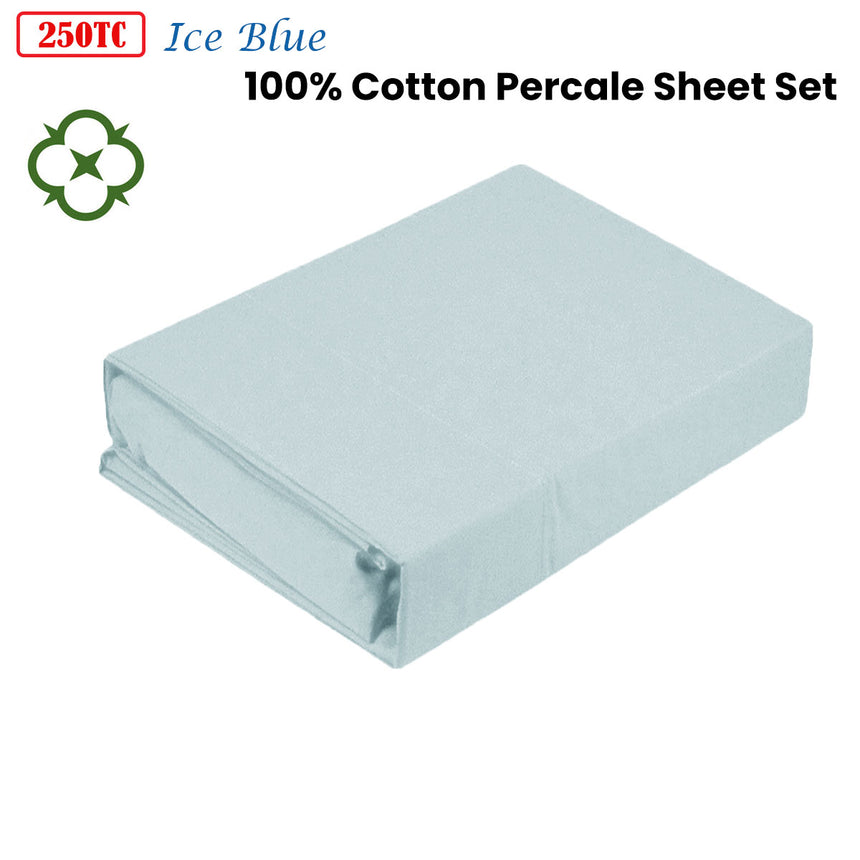 Kingtex 250TC 100% Cotton Percale Sheet Set Ice Blue Single