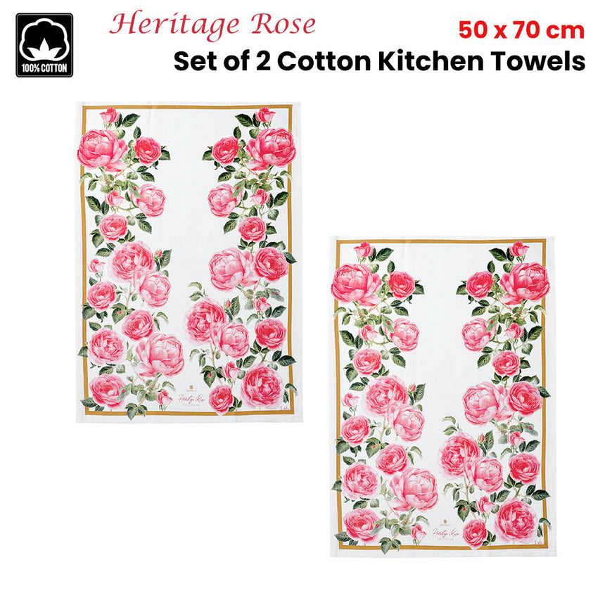 Ashdene Set of 2 Heritage Rose Cotton Kitchen Tea Towels 50 x 70 cm