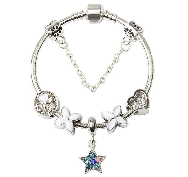 Women Silver Plated Bracelet Snake Chain with Classic Bead Barrel Clasp and Blue Star Pendant(18cm)