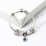 Women Silver Plated Bracelet Snake Chain with Classic Bead Barrel Clasp and Blue Star Pendant(18cm)