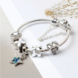 Women Silver Plated Bracelet Snake Chain with Classic Bead Barrel Clasp and Blue Star Pendant(19cm)