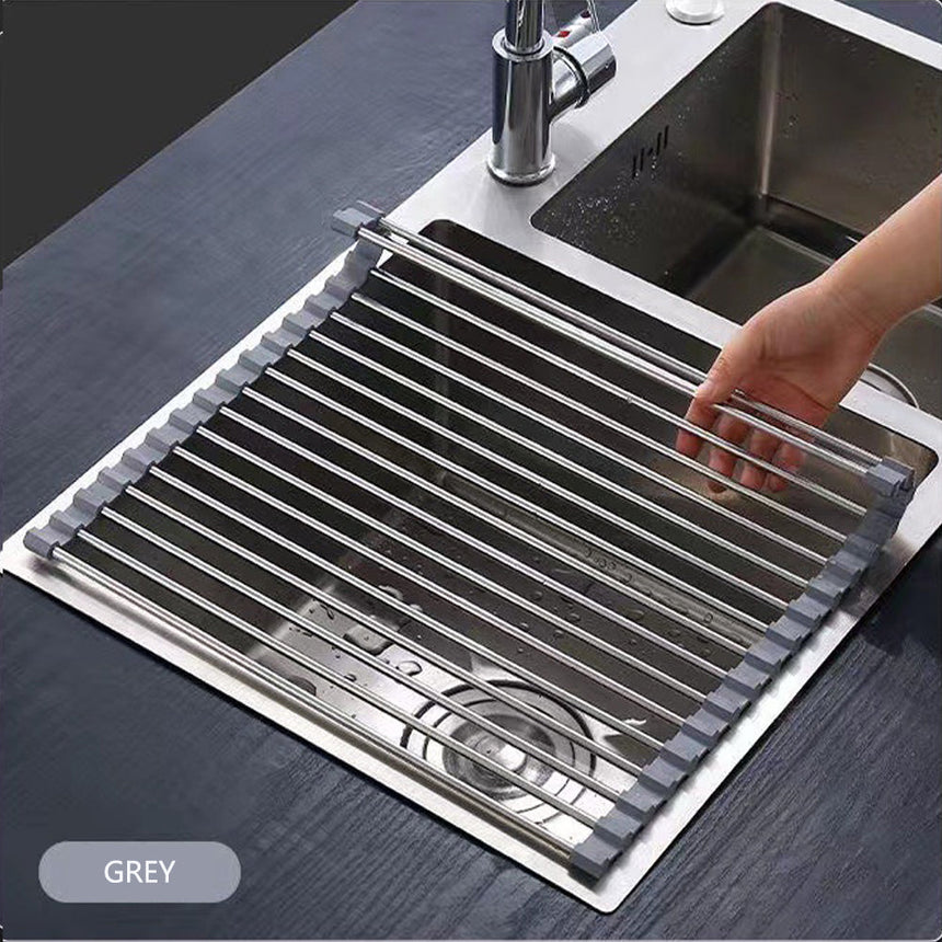 Kitchen Roll-Up Dish Drying Rack Foldable Drainer Over Sink 304-Stainless Steel(Large:47*37cm)