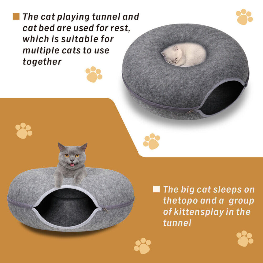 Dark Grey Cat Tunnel Bed Felt Pet Puppy Nest Cave House Toy Washable Detachable