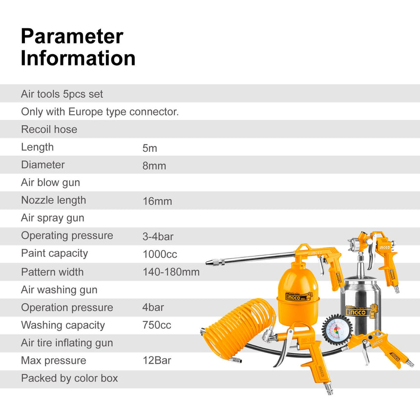 Ingco 5Pc Compessor Air Tool Set Paint Sprayer Air Blower Wash Tyre Inflating 5M Hose