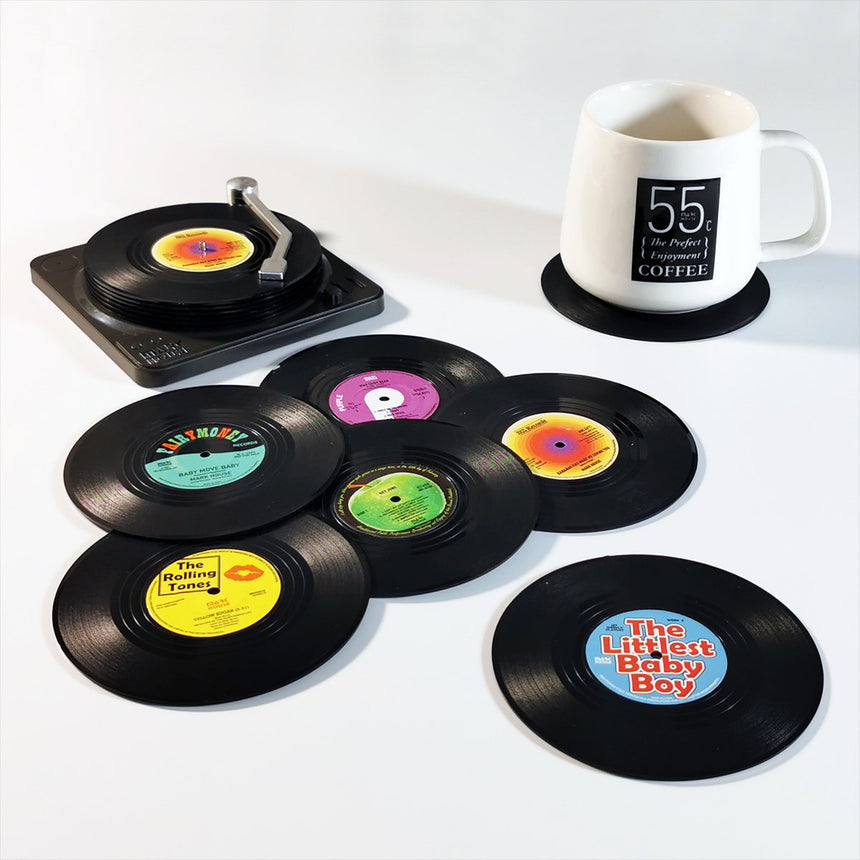 6x Creative Vinyl Record Cup Coasters w Holder Glass Drink Tableware Home Décor, A w/ Record Player Holder