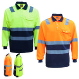 HI VIS Long Sleeve Workwear Shirt w Reflective Tape Cool Dry Safety Polo 2 Tone, Fluoro Yellow /Navy, 4XL