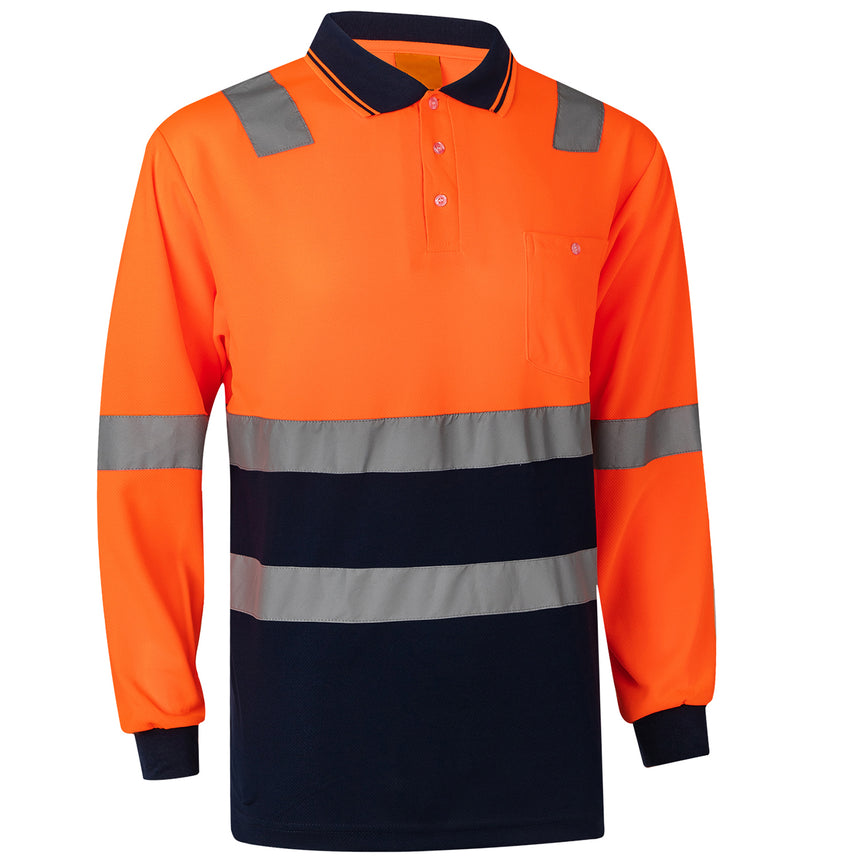 HI VIS Long Sleeve Workwear Shirt w Reflective Tape Cool Dry Safety Polo 2 Tone, Fluoro Yellow /Navy, 4XL