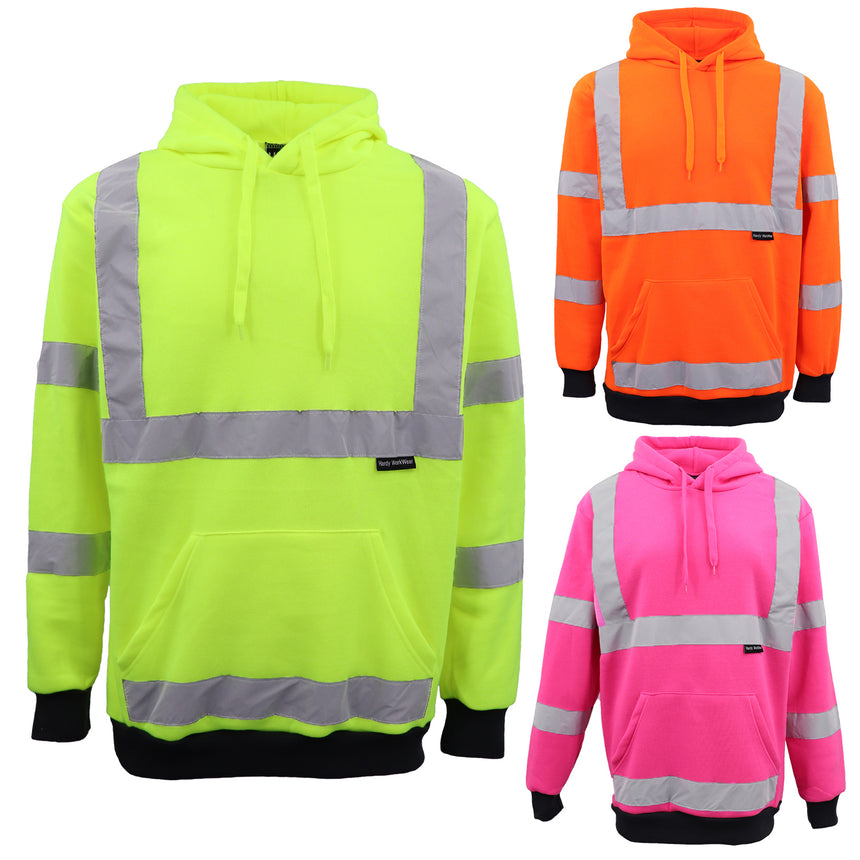 HI VIS Hooded Safety Jumper Hoodie Sweatshirt Tradie Workwear Fleece Jacket Coat, Fluro Orange, XS