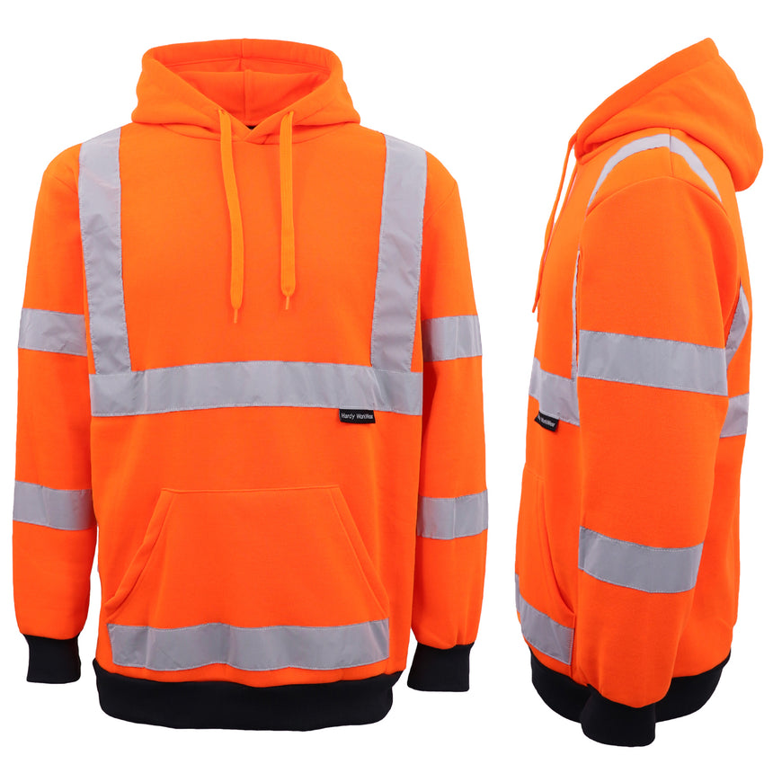 HI VIS Hooded Safety Jumper Hoodie Sweatshirt Tradie Workwear Fleece Jacket Coat, Fluro Orange, XL