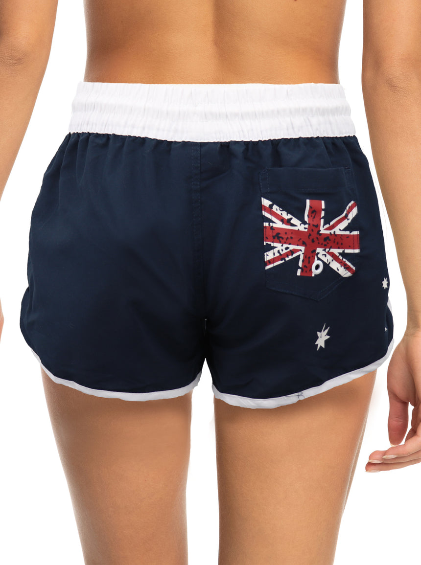 Ladies' Women's Board Shorts Australian Day Flag Gym Beach Aussie Swim Souvenir, Navy, 6