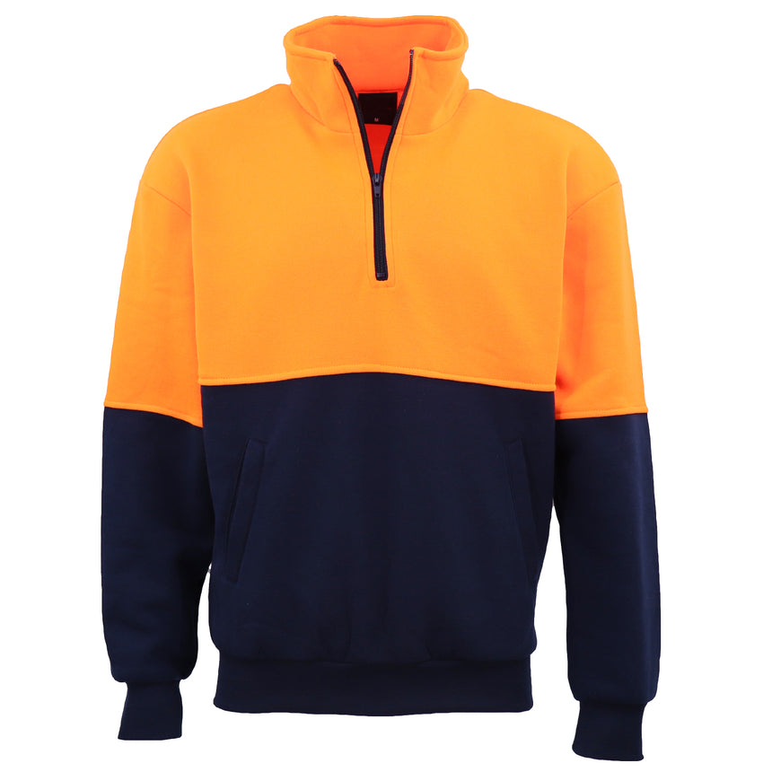 Hi Vis Safety Fleecy Half Zip Pullover Jumper Jacket Sweater Shirts Workwear, Fluro Orange / Navy, XL