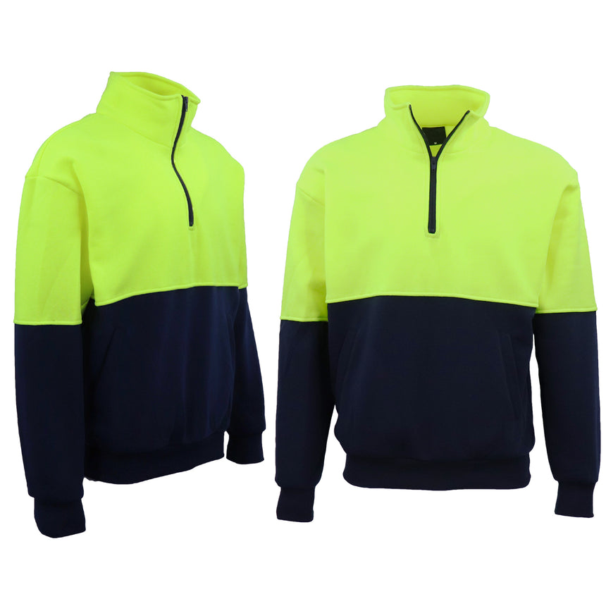 Hi Vis Safety Fleecy Half Zip Pullover Jumper Jacket Sweater Shirts Workwear, Fluro Yellow / Navy, XL