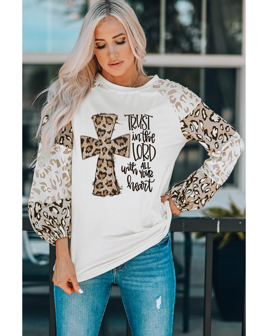 Azura Exchange Faith Cross Leopard Bishop Sleeve Pullover - XL