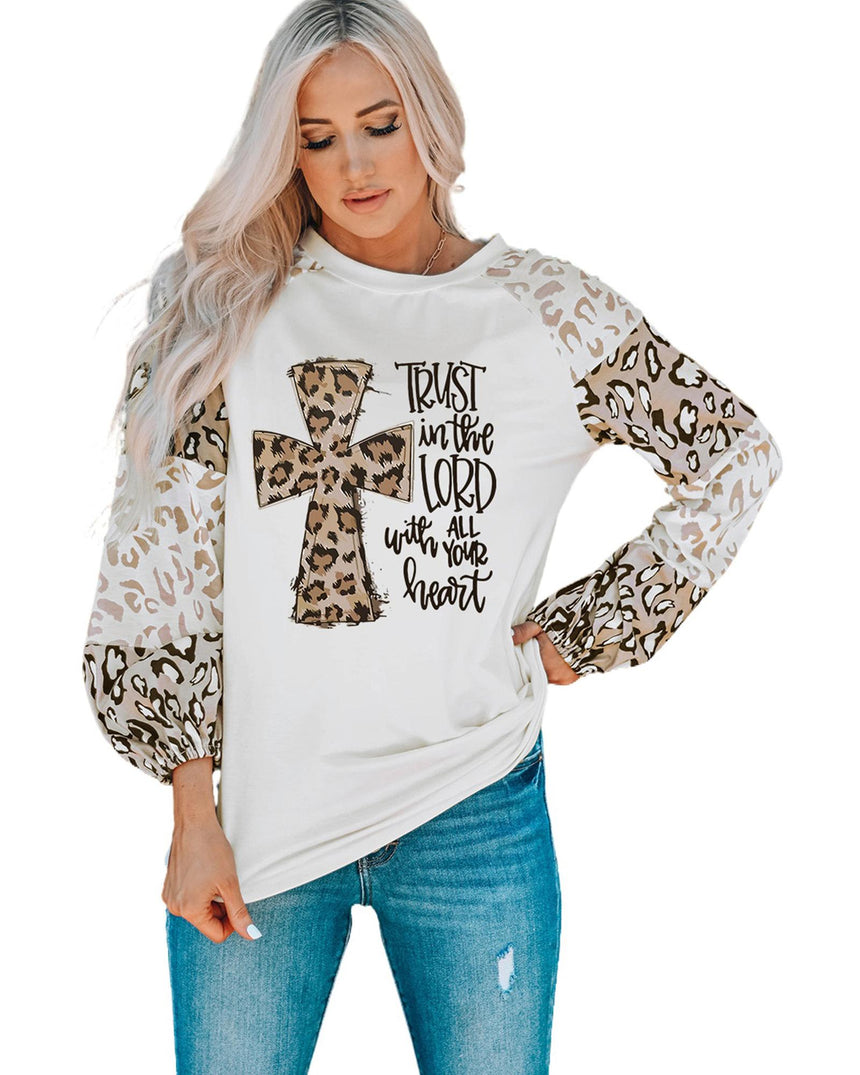 Azura Exchange Faith Cross Leopard Bishop Sleeve Pullover - XL