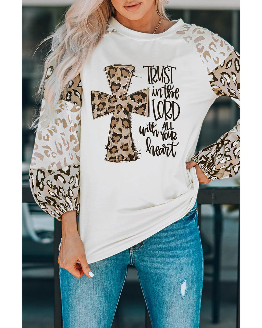 Azura Exchange Faith Cross Leopard Bishop Sleeve Pullover - XL