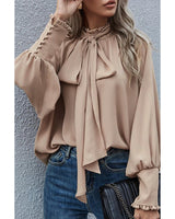 Azura Exchange Khaki Frilled Knotted Blouse with Bishop Sleeves - L