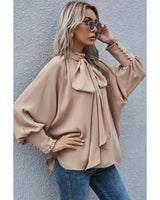 Azura Exchange Khaki Frilled Knotted Blouse with Bishop Sleeves - L