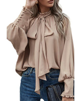 Azura Exchange Khaki Frilled Knotted Blouse with Bishop Sleeves - L