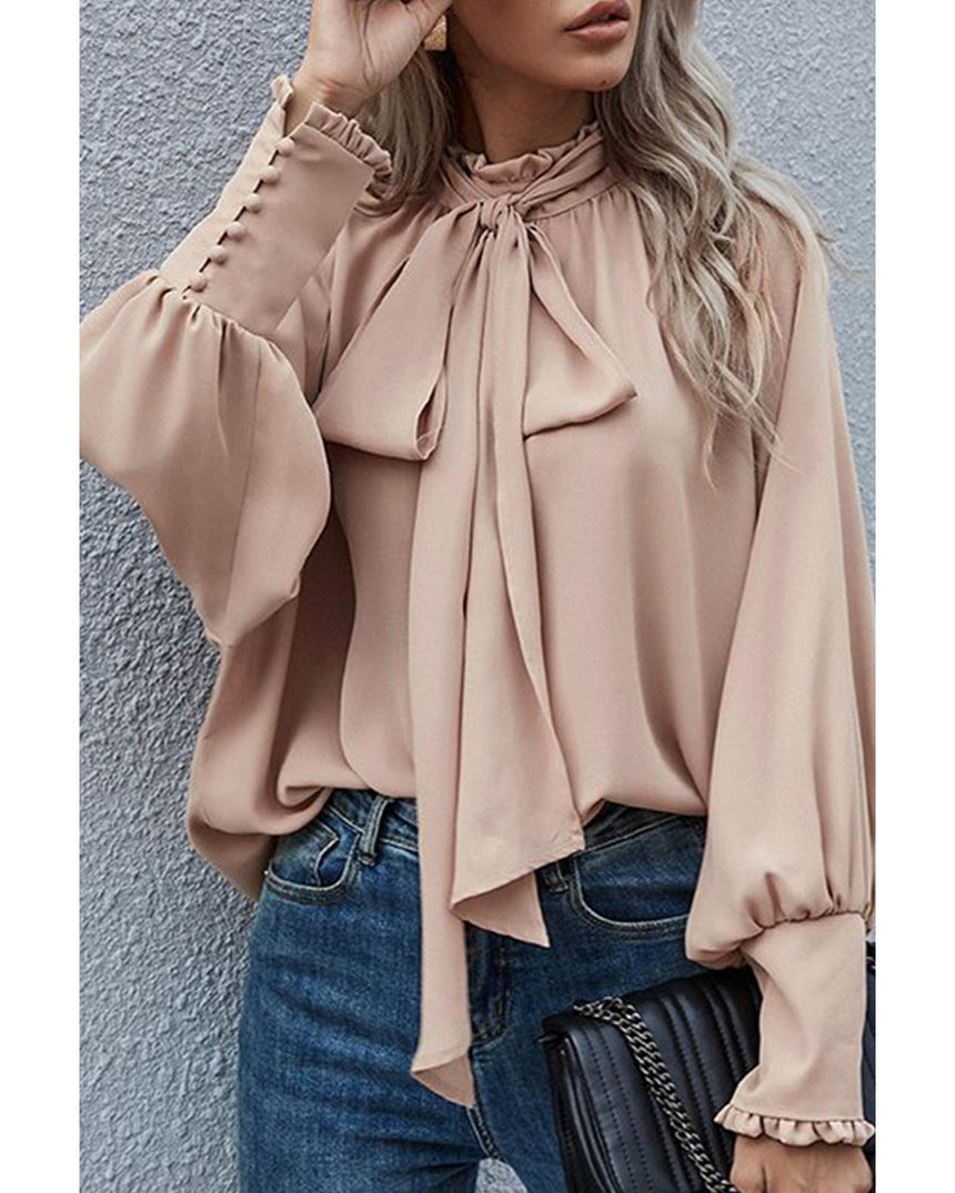 Azura Exchange Khaki Frilled Knotted Blouse with Bishop Sleeves - L