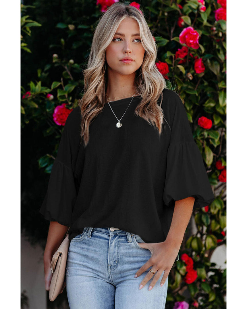 Azura Exchange Bubble Sleeve Round Neck Blouse - M