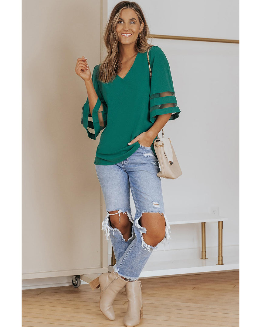 Azura Exchange Flare Sleeve V Neck Loose Blouse - L