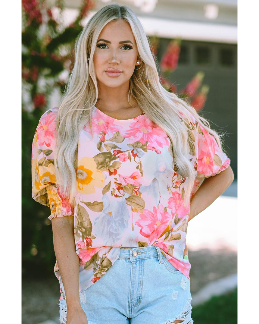 Azura Exchange Floral Blouse with Shirred Cuff Sleeves - S