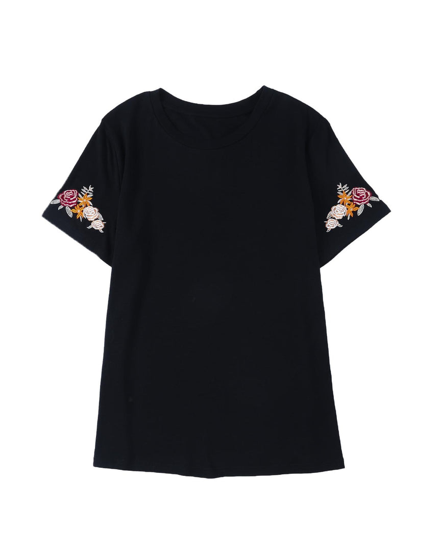 Azura Exchange Embroidered Short Sleeve T-Shirt with Floral Detail - M