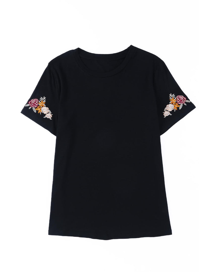 Azura Exchange Embroidered Short Sleeve T-Shirt with Floral Detail - M