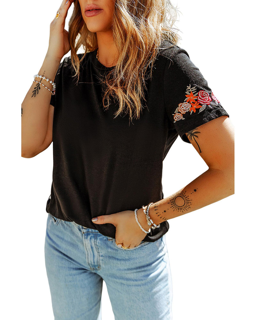 Azura Exchange Embroidered Short Sleeve T-Shirt with Floral Detail - XL