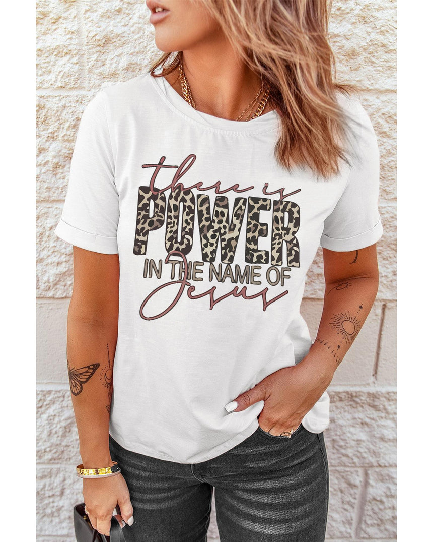 Azura Exchange Leopard Letter Graphic Tee with the Power of Jesus - M