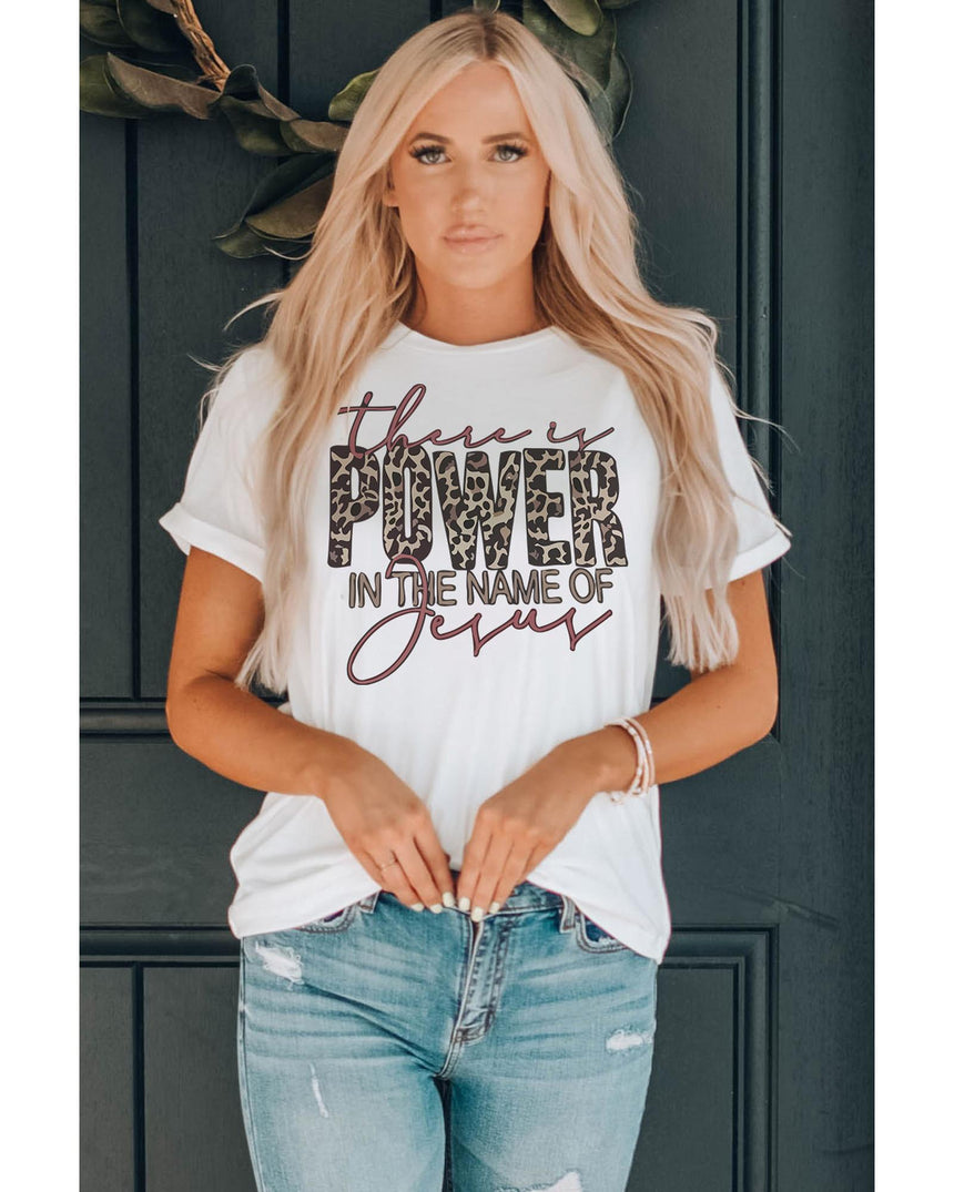 Azura Exchange Leopard Letter Graphic Tee with the Power of Jesus - M