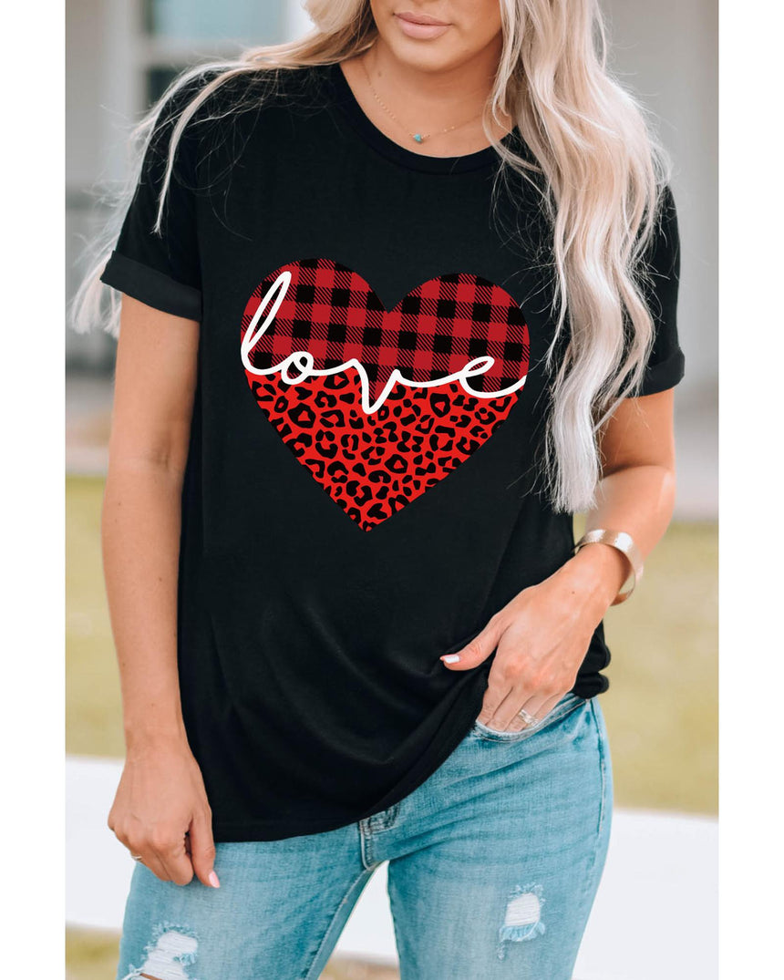 Azura Exchange Leopard Plaid Heart Shaped Crewneck T Shirt - 2XL