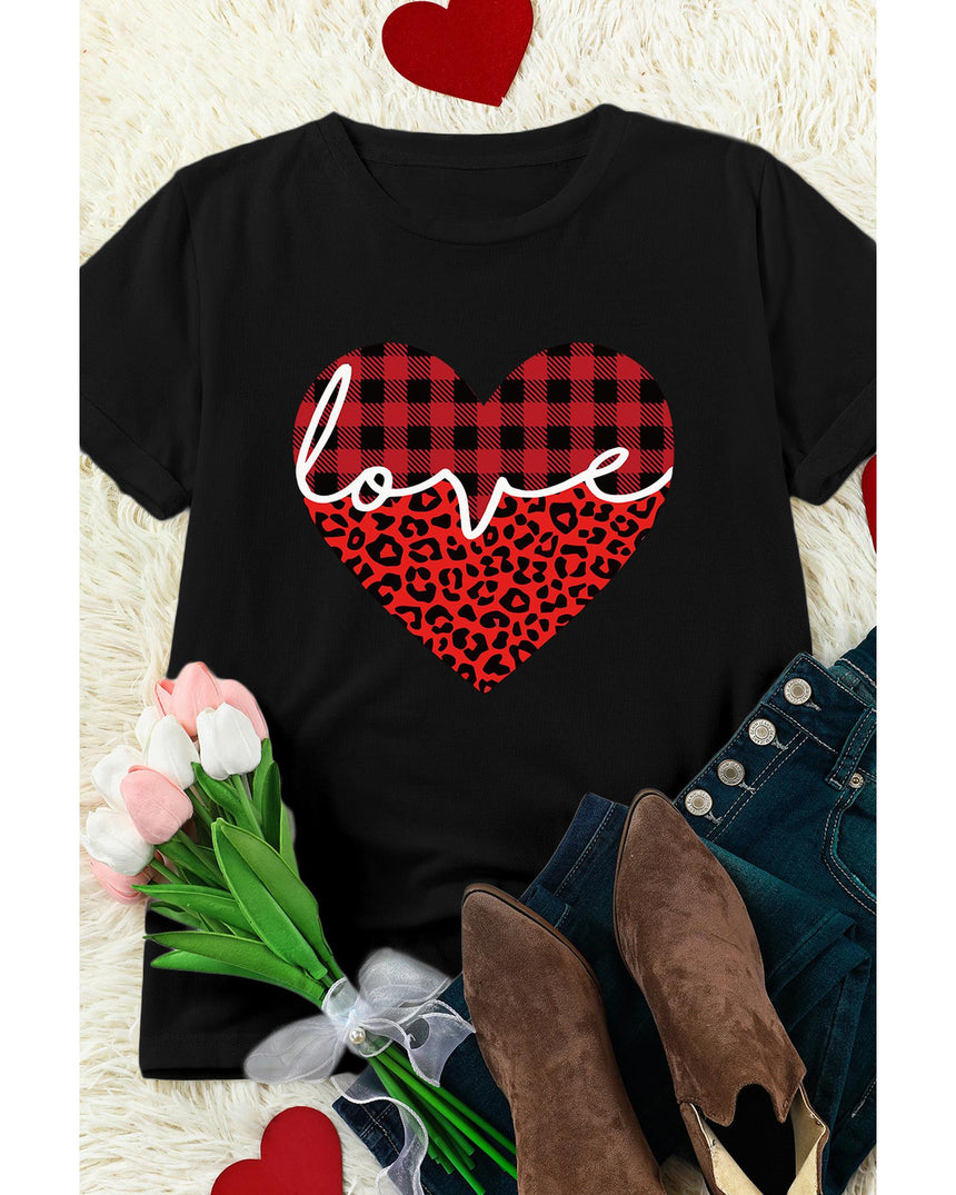 Azura Exchange Leopard Plaid Heart Shaped Crewneck T Shirt - 2XL