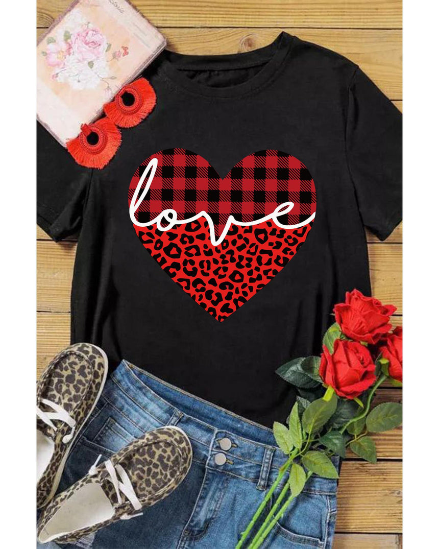 Azura Exchange Leopard Plaid Heart Shaped Crewneck T Shirt - 2XL