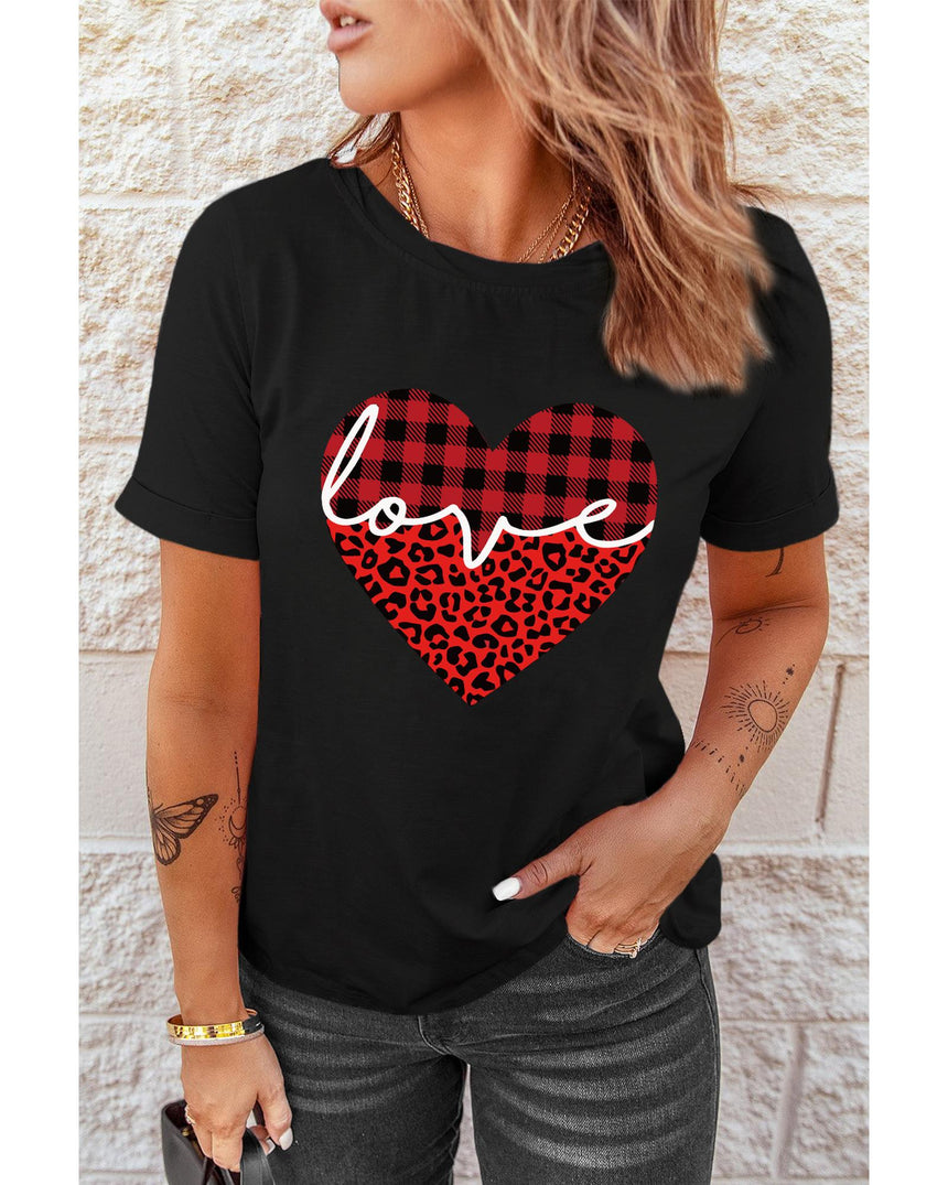 Azura Exchange Leopard Plaid Heart Shaped Crewneck T Shirt - 2XL