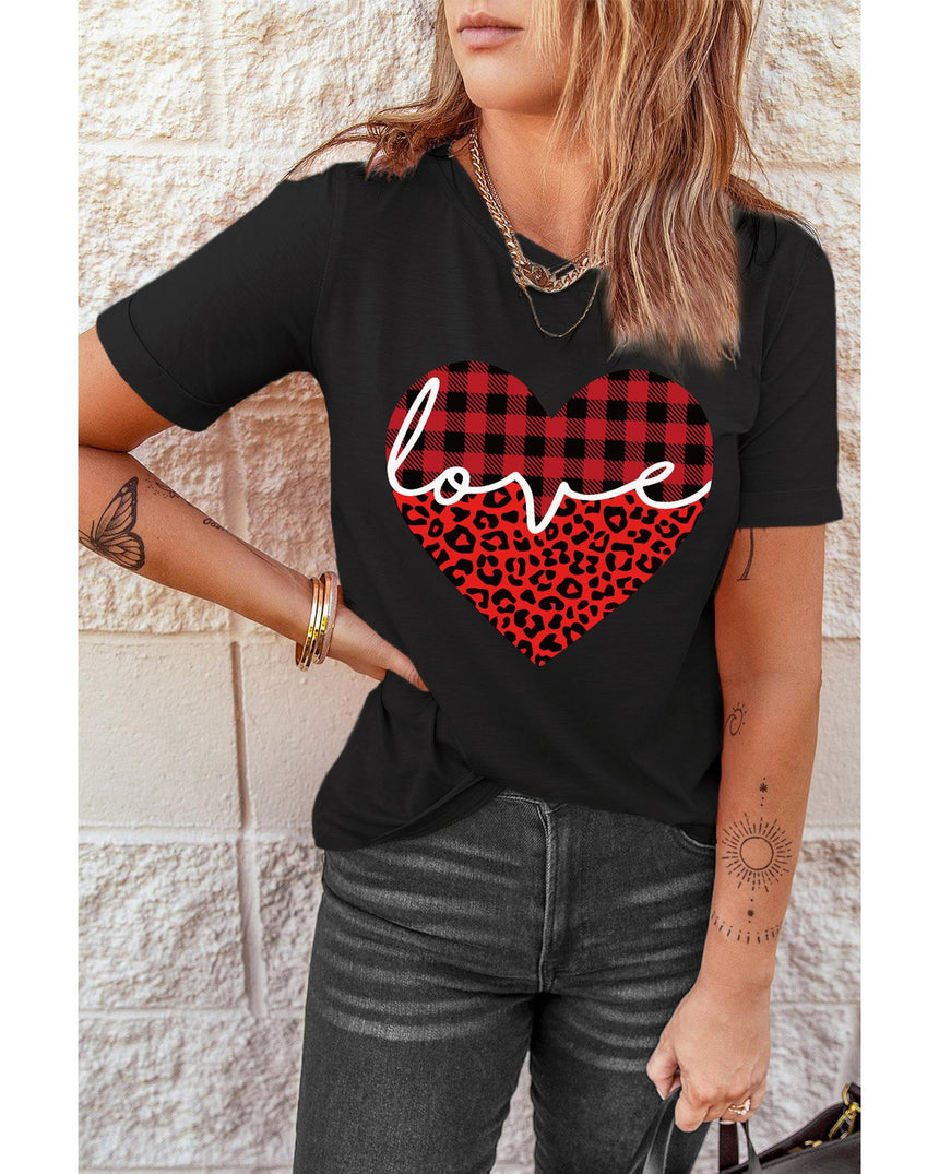 Azura Exchange Leopard Plaid Heart Shaped Crewneck T Shirt - 2XL