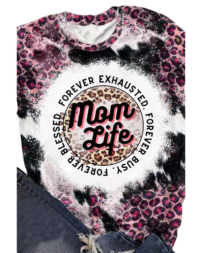 Azura Exchange Leopard Print Graphic Tee with Mom Life Slogan - L