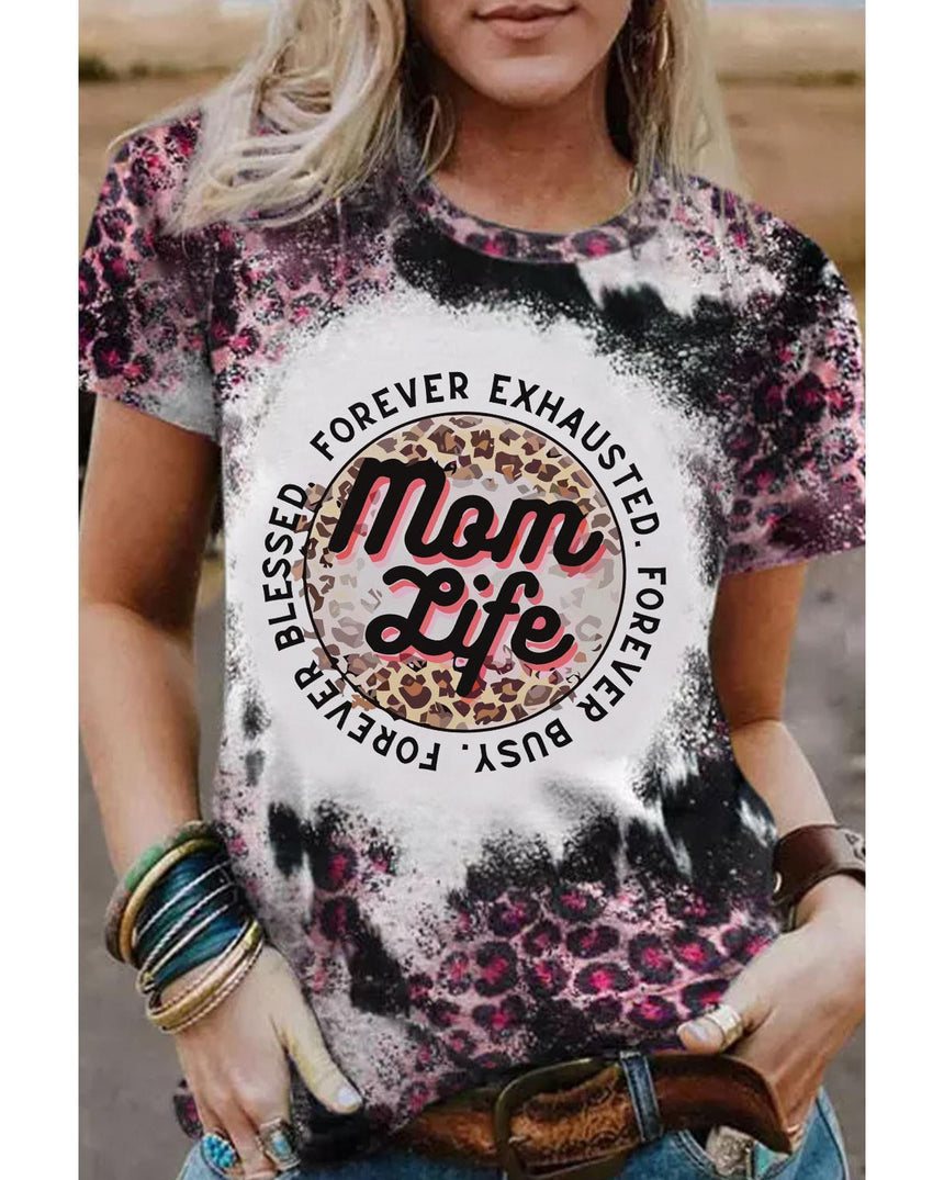 Azura Exchange Leopard Print Graphic Tee with Mom Life Slogan - L