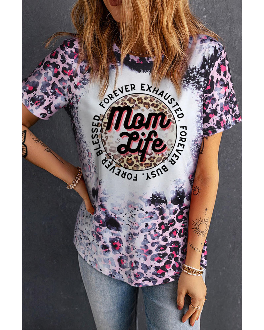 Azura Exchange Leopard Print Graphic Tee with Mom Life Slogan - L