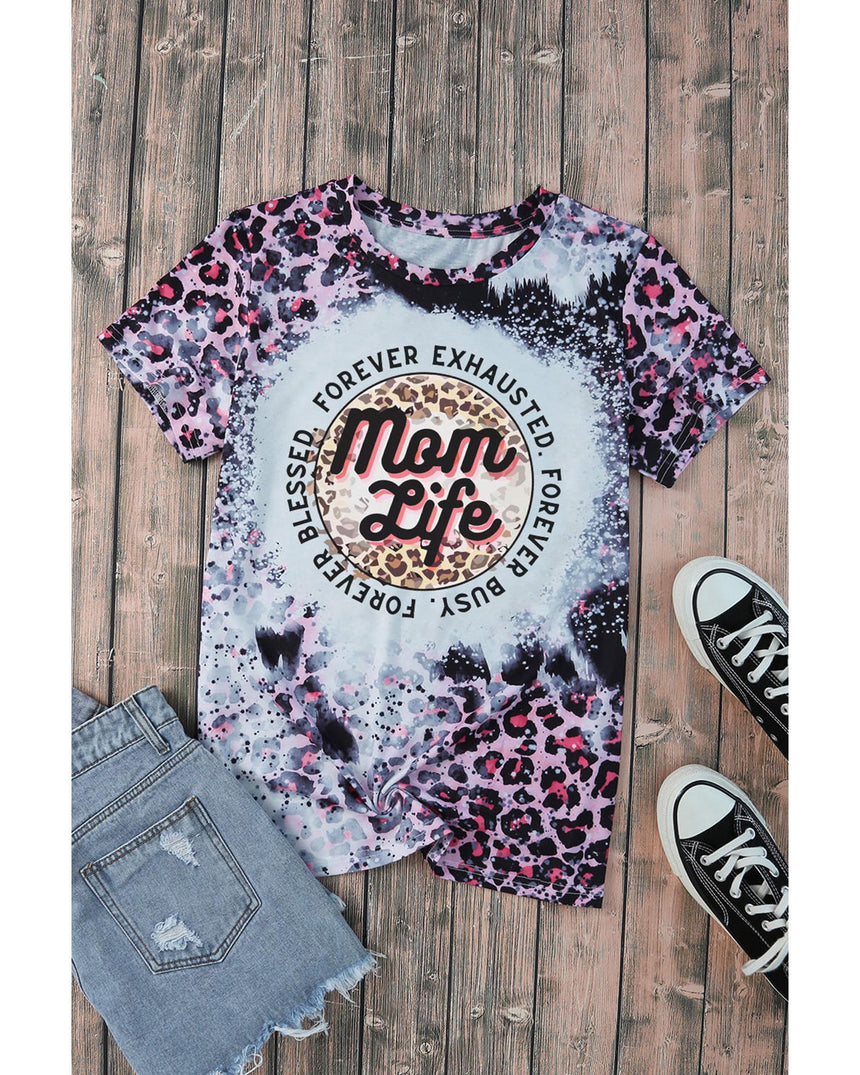 Azura Exchange Leopard Print Graphic Tee with Mom Life Slogan - L