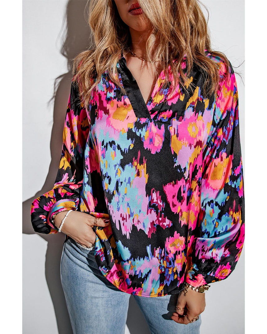 Azura Exchange Graffiti Print V-Neck Puff Sleeve Blouse - S