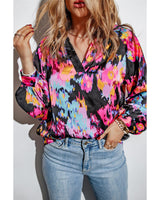 Azura Exchange Graffiti Print V-Neck Puff Sleeve Blouse - S