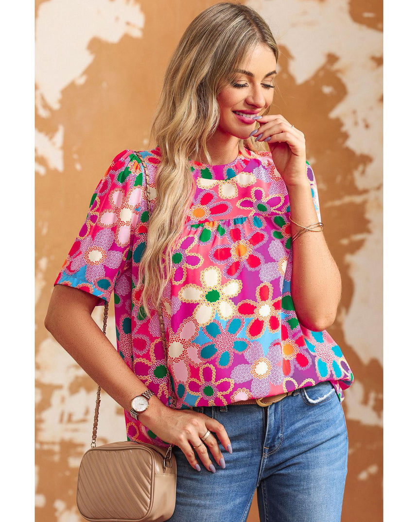 Azura Exchange Flower Print Puff Sleeve Top - XL