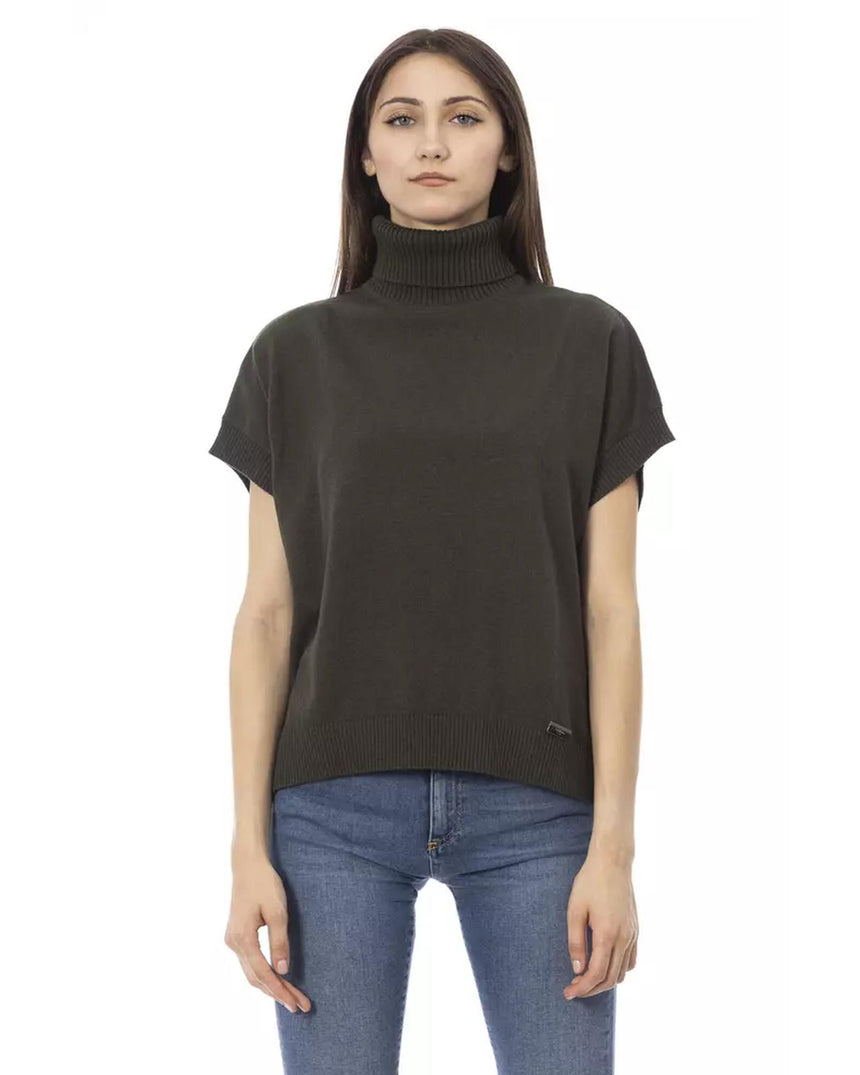 Ribbed Turtleneck Sweater with Short Sleeves and Monogram Detail L Women