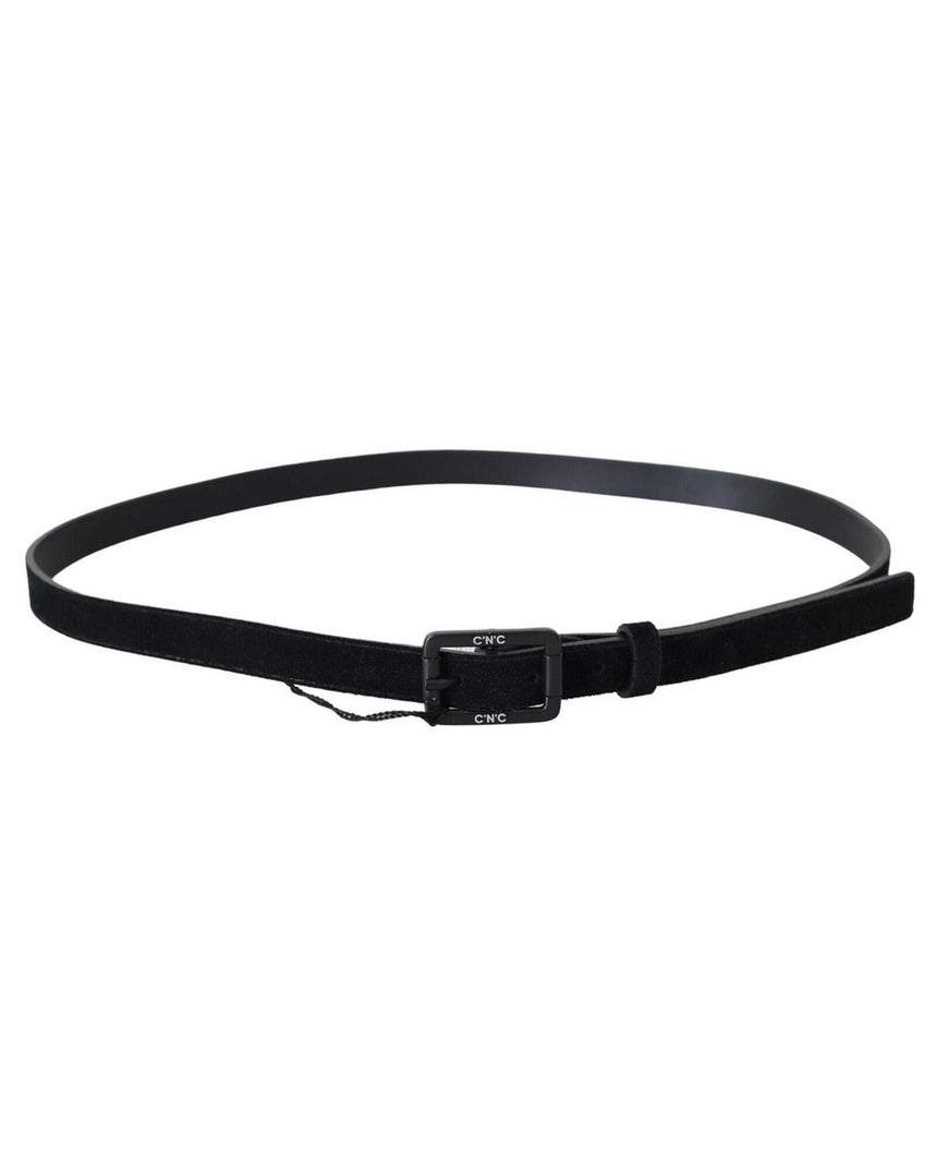 Classic Black Leather Belt with Logo Details 100 cm Women