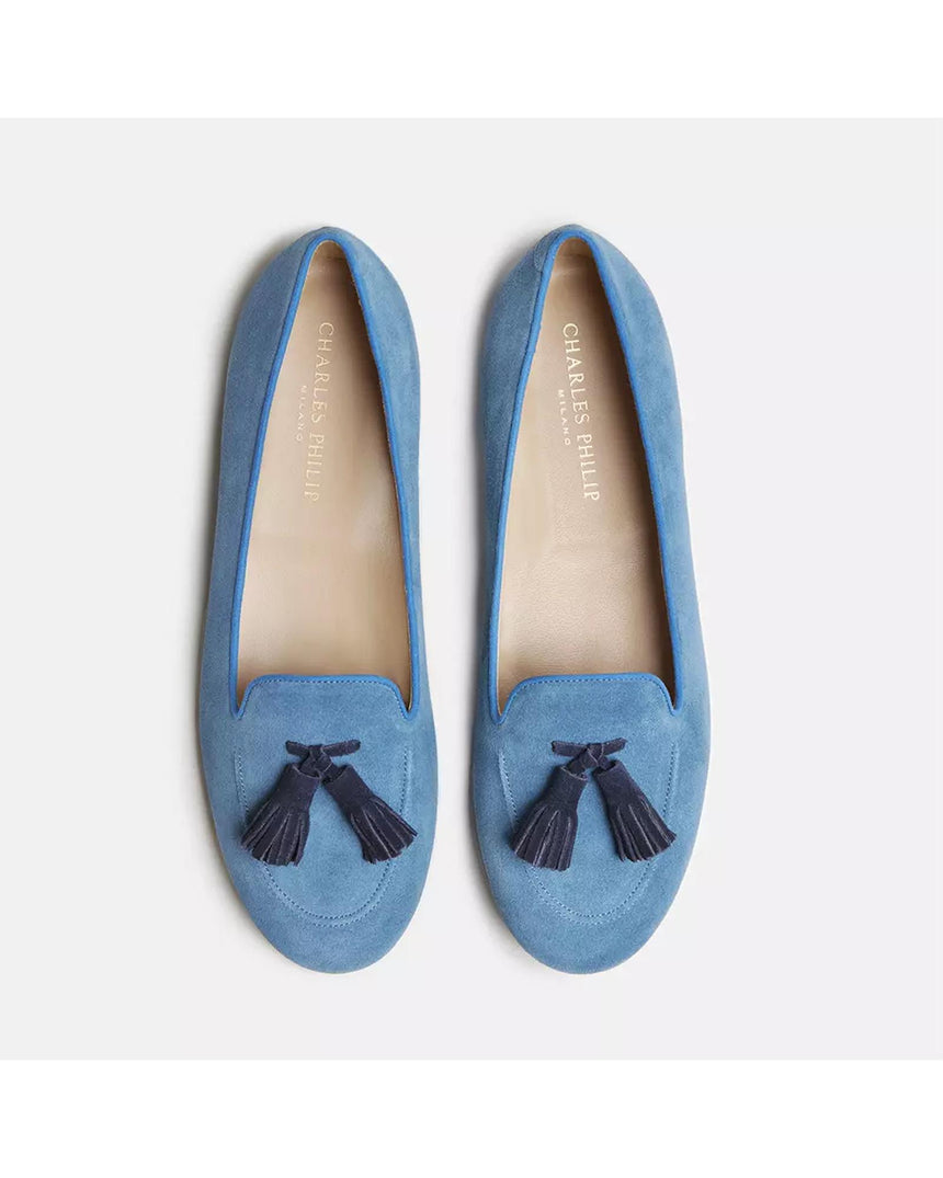 Handmade Light Blue Suede Tassel Moccasins by Charles Philip 38.5 EU Women